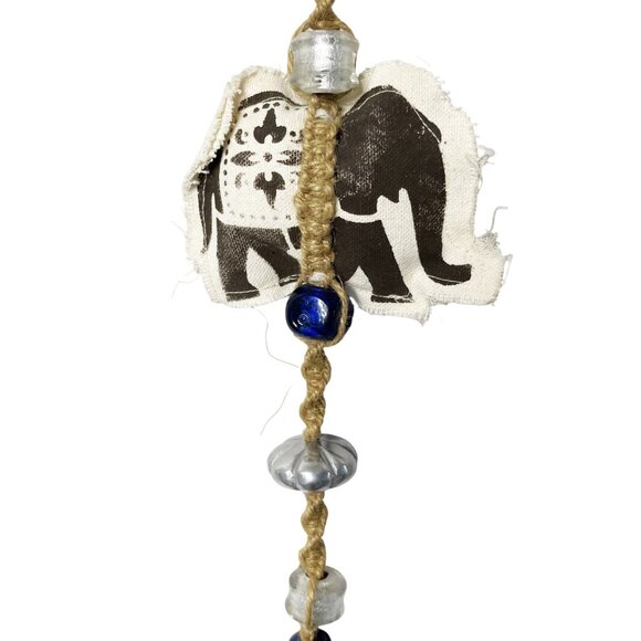 Wall Window Art Cloth Elephant and Blue Glass and Silver Metal Beads on Twine - Picture 2 of 7